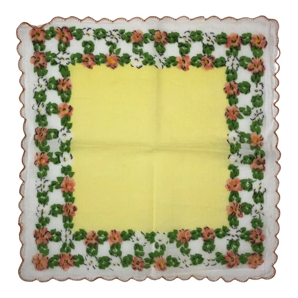 VTG Yellow Floral Scalloped Border Cotton Handkerchief Hankie Pocket Square 11” - Picture 2 of 2